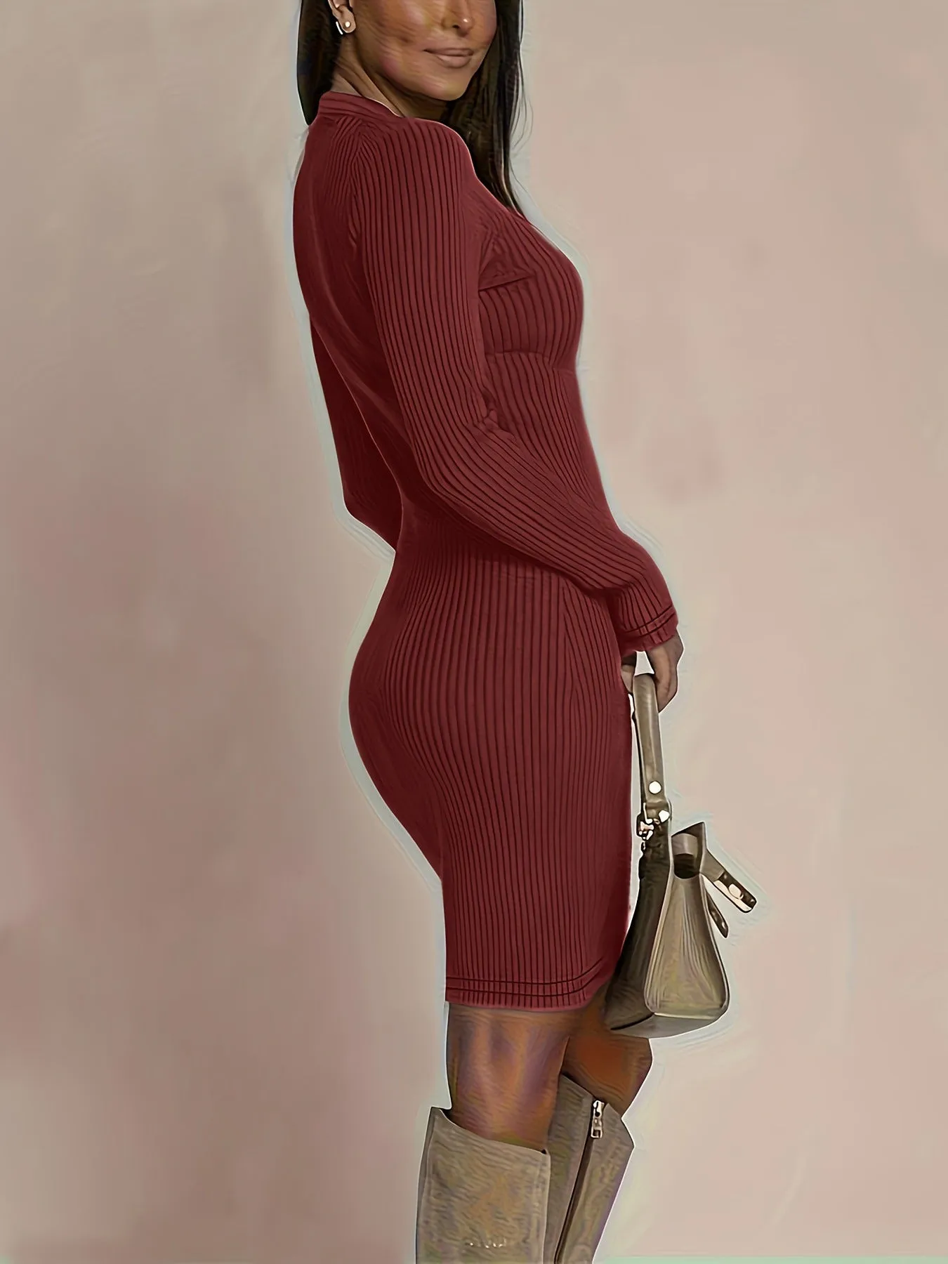 Solid Color Striped Long Sleeve V-neck Commuting Button Sweater Mini Dress