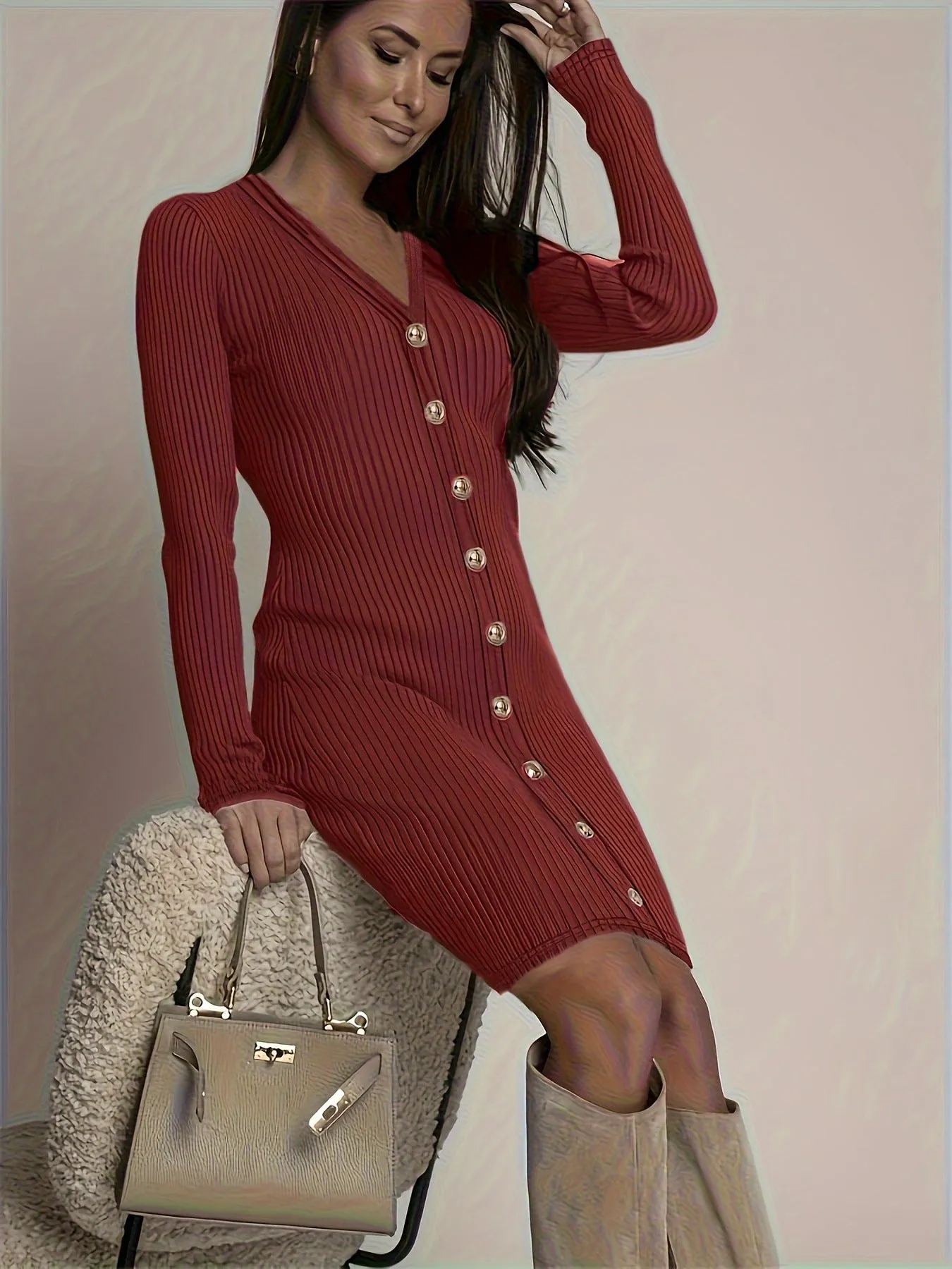 Solid Color Striped Long Sleeve V-neck Commuting Button Sweater Mini Dress