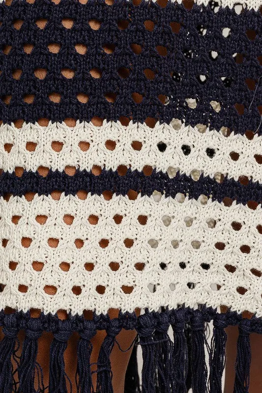 Striped Sleeveless Crochet Effect Beachwear