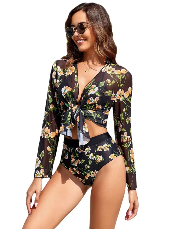 TEEK - Botanical Print Lace-Up Swimsuit Three-Piece Set