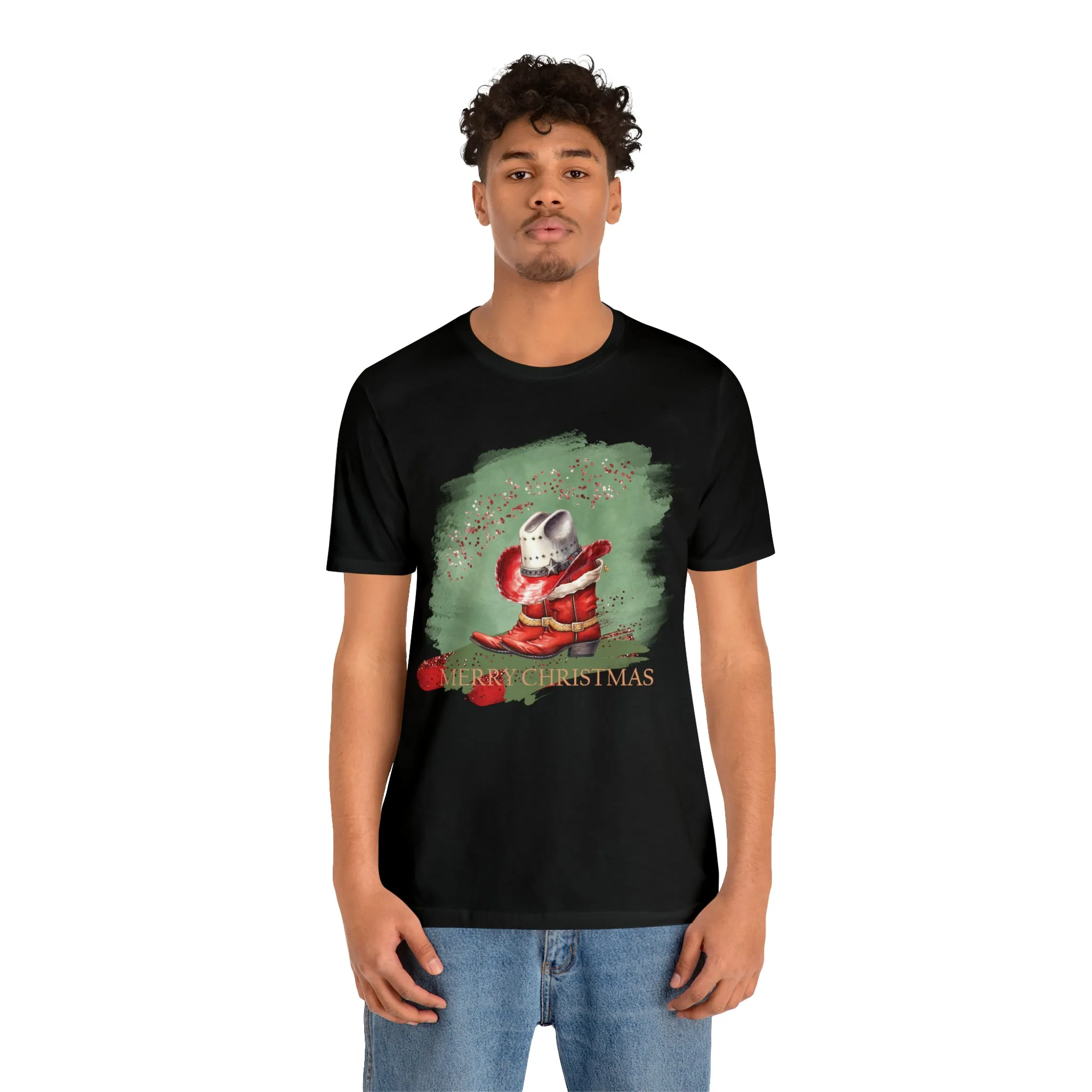 Unisex Jersey Short Sleeve Tee, Sage Christmas, Western Christmas, Country Christmas, Country Boots and Hat, Christmas TShirt