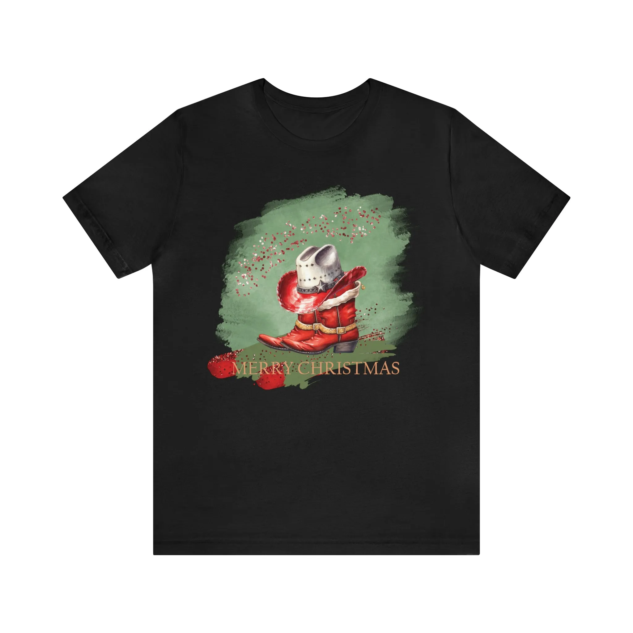 Unisex Jersey Short Sleeve Tee, Sage Christmas, Western Christmas, Country Christmas, Country Boots and Hat, Christmas TShirt