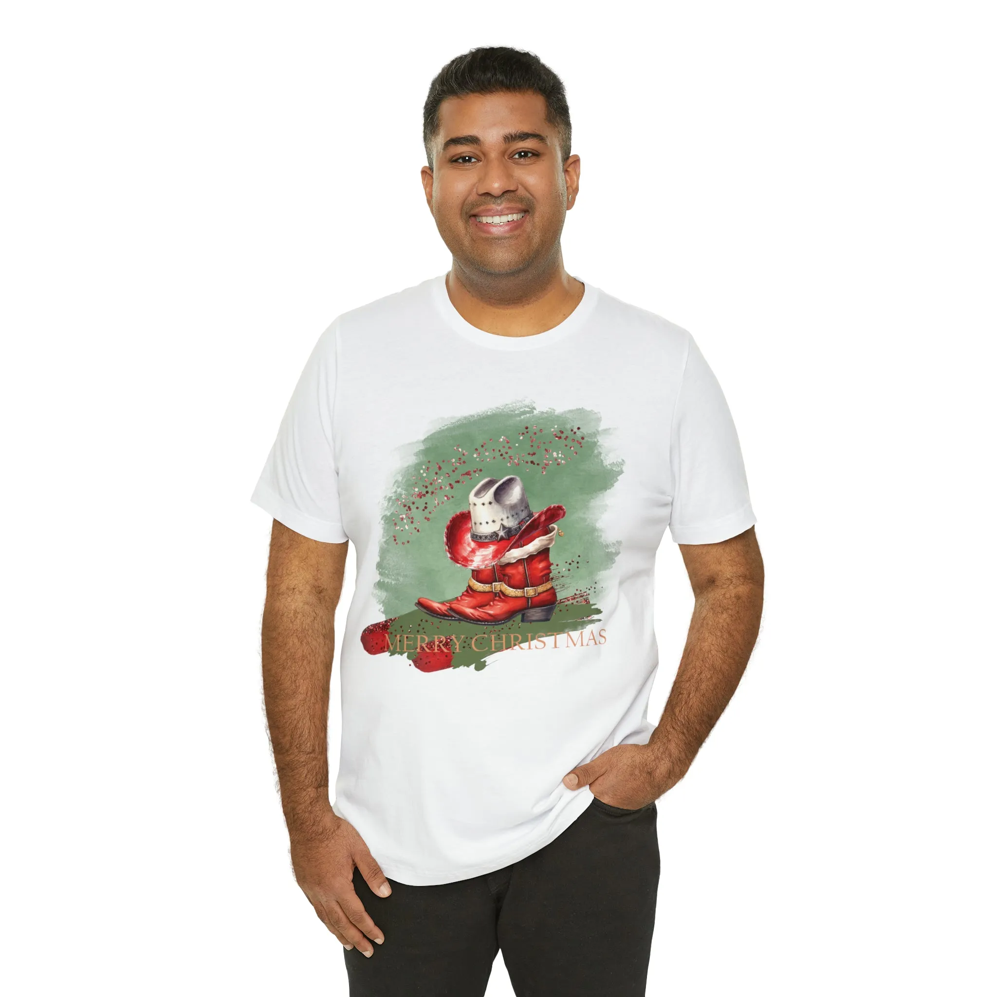 Unisex Jersey Short Sleeve Tee, Sage Christmas, Western Christmas, Country Christmas, Country Boots and Hat, Christmas TShirt