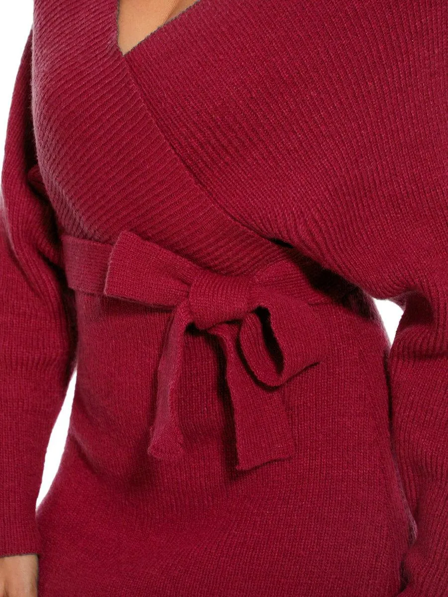V-Neck Wrap Long Dolman Sleeve Knit Bodycon Sweater Dress