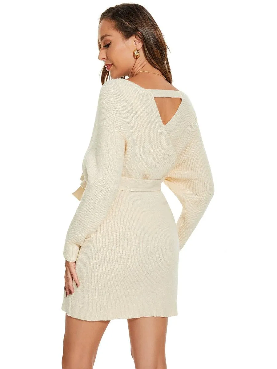 V-Neck Wrap Long Dolman Sleeve Knit Bodycon Sweater Dress