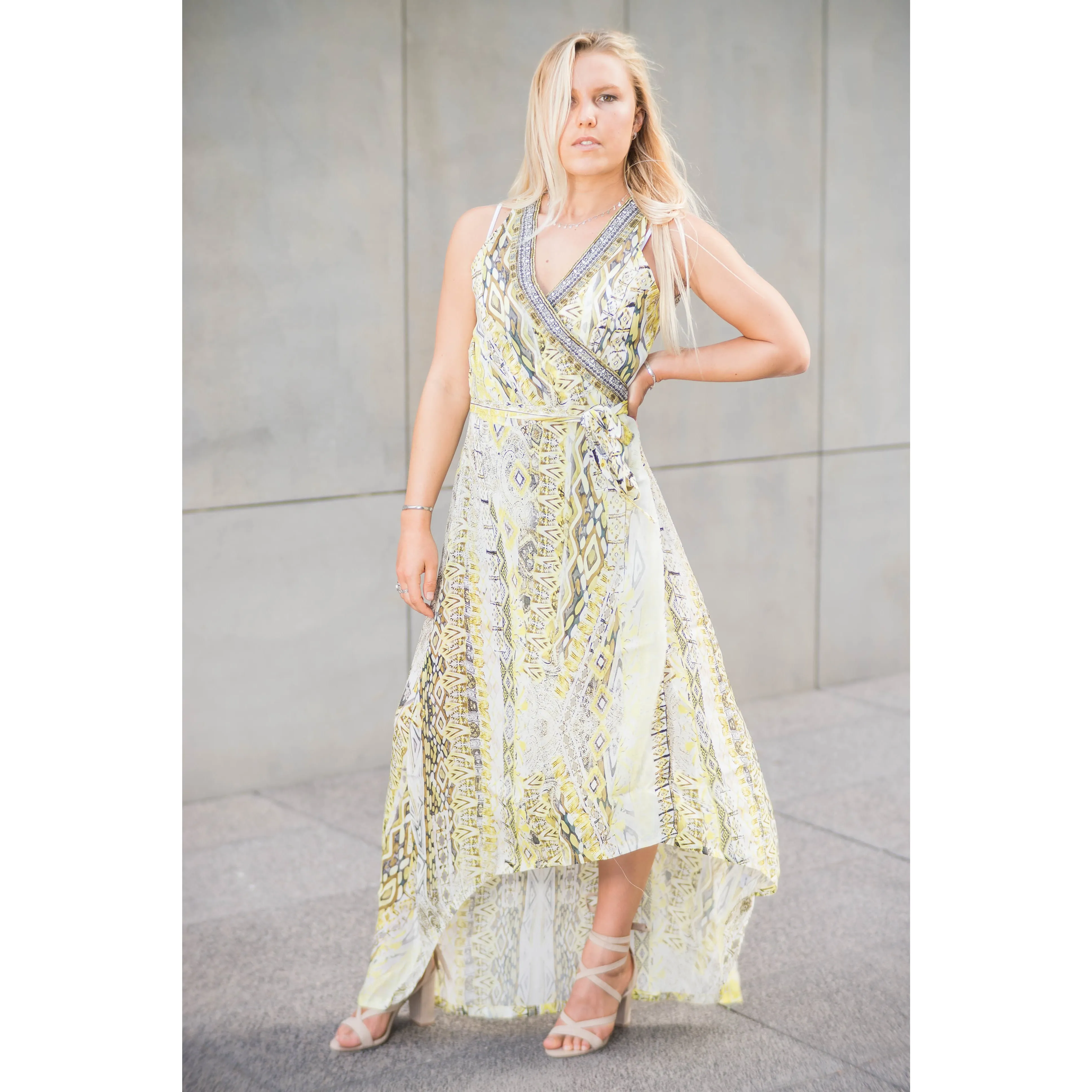 Yellow Silk Patterned Wrap Dress Long